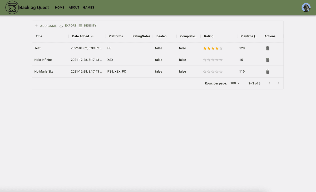 Backlog Quest Games Page